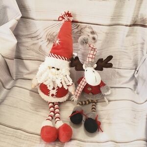 Christmas Shelf Sitters 21" Santa Claus 14" Reindeer Beaded Legs Set Of 2 Plush